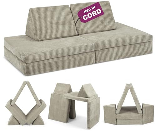 Linodino® Spielsofa Cord | Kindersofa aus Schaumstoff Bausteine - Spielsofa für Kinder & Kuschelecke im Kinderzimmer | Kieselgrau