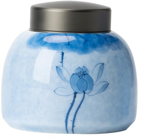 Tarros de Té Tarro de almacenamiento for té de porcelana blanca, loto pintado a mano de azul, tarro sellado for almacenamiento de té, tarro pequeño de cerámica portátil Recipientes para Guardar Té con