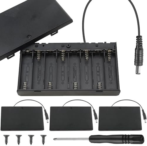 Xiatiaosann 8 AA Battery Holder with DC Power Plug Switch, 8 Slots AA Black Battery Storage Cases with Cover ON/Off Switch and 2.1mm x 5.5mm DC Plug, with Screw, Screwdriver(4 Pack)