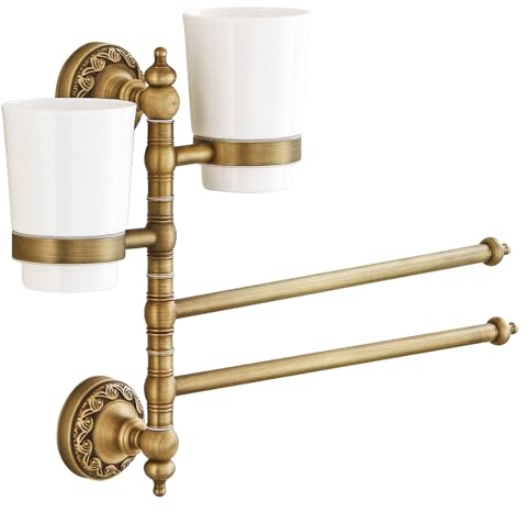 WC - Juego de toallero con colgante multifuncional para cepillo de dientes antiguo, toallero, tallado, 2 tazas y 2 varillas