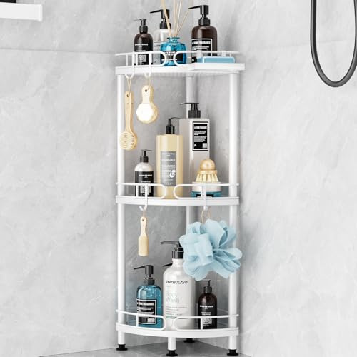 SWTYMIKI Corner Shower Caddy Standing - 3 Tier Stainless Steel Shower Organizer Stand with 4 Hooks & Soap Holder, Rustproof Metal Standing Tall Floor Bathroom Shelf and Bathroom Organizer, White