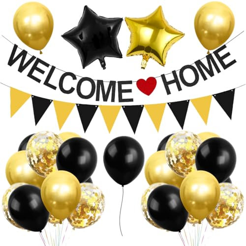Welcome Home Deko, Welcome Home Banner Wimpelkette, Luftballons Schwarz Gold Stern Konfetti, Willkommen Zuhause Deko, für Babyshower Familienfeiern Einweihung Party Dekoration