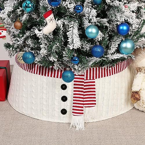 Lewondr Gonna per Albero di Natale, 77cm 3D Grande Collare per Albero di Natale con Stile di Pupazzo di Neve Carino Lavorato a Maglia, Copertura Base Pieghevole per Albero di Natale Festival