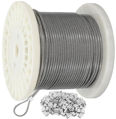 4mm vinyl coating 304 Wire Rope Stainless Steel Wire Cable 100m Length 7x7 Cross Section Breaking Load stainless steel cable with 100 Pcs Aluminum Crimping Clamps Loop Sleeve
