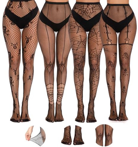 MUYAPAY 4 Piezas Medias de Red de, Medias Mujer con Calavera, Medias Rejilla Mujer Sexy, Medias Alta Elasticidad, para Fiestas Temáticas, Cosplay (Negro