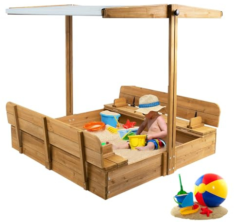 PetsCosset Wooden Sandbox with Lid for Kids, 47x47in, with Foldable Benches