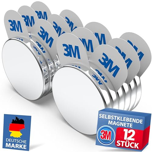 REORDA Neodym Magnete [STARKER 3M KLEBER] Maxi-Pack 12 Stück (20x3mm) | mit 3m Magnet klebepads | Powermagnete für Gewerbe, Whiteboard, Fotos & Kühlschrank