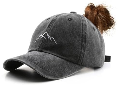 YULOONG Damen Pferdeschwanz Baseball Cap Mountain Peak Stickerei Baseball Cap Retro Gewaschene Baumwolle Hut Sonnenschutz Cap Einstellbare Tennis Golf Sport Cap Schwarz