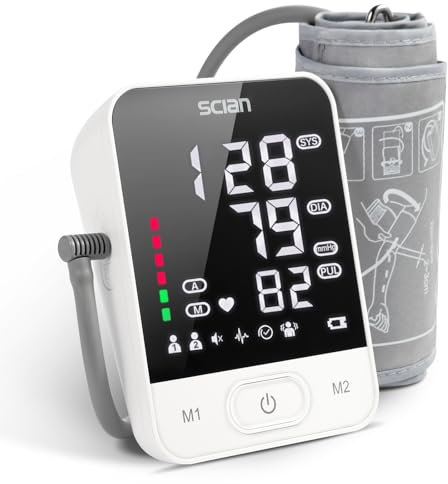 Scian tensiómetro de brazo para uso doméstico, tensiómetro automático con manguito grande de 22-42 cm, salida de voz, pantalla LED grande, memoria para 2 usuarios 200, cable tipo C