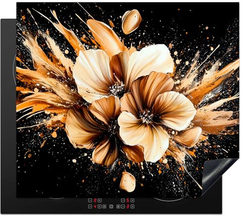 KitchenYeah© Herdabdeckplatte 60x52 cm Einteilig Induktionsmatte Küche Abdeckung Ceranfeld Herd Abdeckplatte Deko Vinyl Matte Aufrollbar Blumen - Gold - Graffiti - Schwarz - Abstrakt