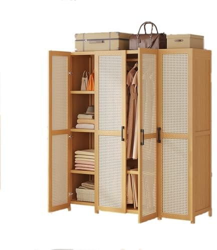 Rattan Wardrobe Closet with 2/3/4/5 Doors Wooden Wardrobe Cabinet with Shelves and Hanging Rod for Clothes,4 door trouser rack