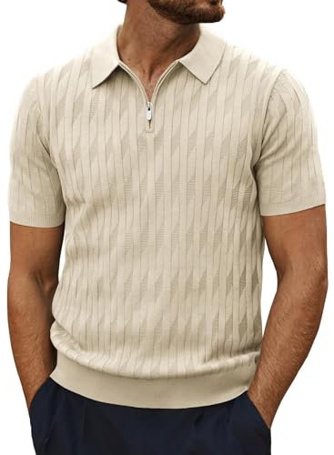 Polo Shirt Herren Rippstrick Poloshirt mit Reißverschluss Golf Poloshirts für Herren Aprikose XL
