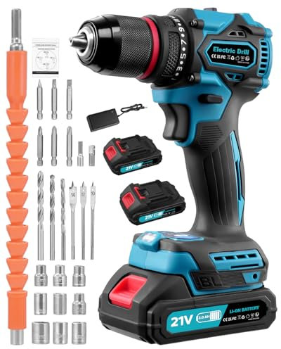 21V Cordless Drill,Electric Drill Set with 2 Batteries 2000mAh,50Nm Max Hammer Drill,25+3 Torque Electric Drills,2 Speed LED Combi Drills with LED Light,for Home and Garden DIY Project