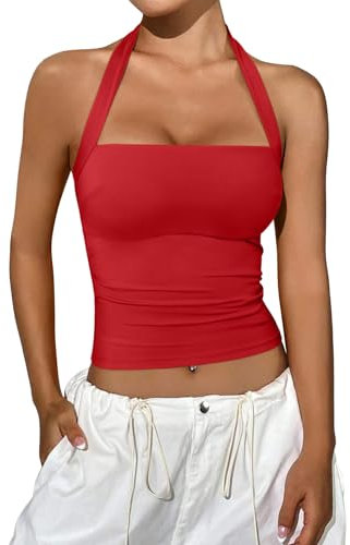 REORIA Women's Halter Going Out Tops Summer Y2K Shirts Sleeveless Sexy Crop Tank Top Y2k Outfits Red Small