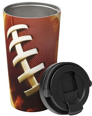 Flaming American Football Tumbler Thermobecher aus Edelstahl, isoliert, doppelwandig, Vakuum-Thermosbecher mit Klappdeckel und Griff, auslaufsicher, Reisebecher für heiße und kalte Getränke, 473 ml