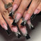 FloralGrace 24 pièces d'autocollants d'ongles noirs français en pointe, faux ongles longs de cercueil carré avec design de pendentif nœud 3D, étoile argentée brillante et strass