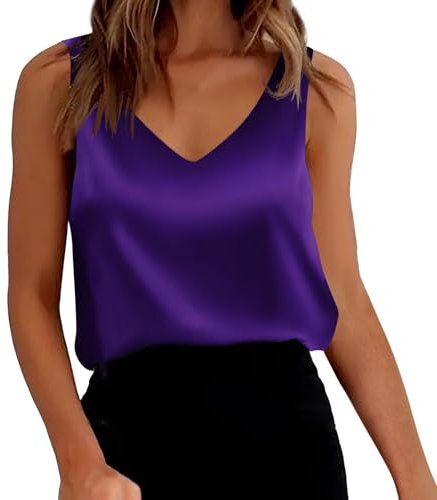Canottiera in seta da donna, top in raso da donna, senza maniche, taglie forti, estive, taglie forti, camicette basictop, camicette, canottiere bianche, camicie da spiaggia, vestiti di base, Viola, S