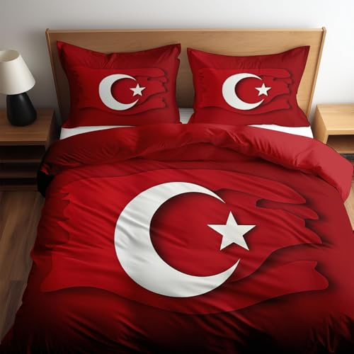 Quixora Bettwäsche Set Rot 135 x 200 Türkische Flagge Muster Microfaser Einzelbett Wendebettwäsche Bettbezug mit Reißverschluss 3 Teilig Weiche Bettwäsche + Kissenbezüge 80x80 cm