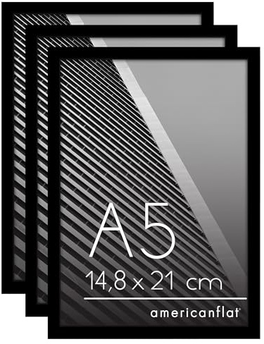 Americanflat Din A5 Bilderrahmen Set (3er Pack) - schmaler Fotorahmen mit bruchsicherer Scheibe - inklusive Ständer und integrierter Aufhängung für Hoch- und Querformat - Schwarz