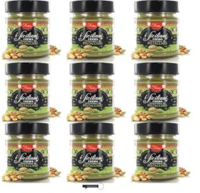 I Siciliani Crema Spalmabile al Pistacchio, Set da 9 Barattoli, 200g per Barattolo, Senza Olio di Palma, Senza Glutine, + portachiavi italy shop service