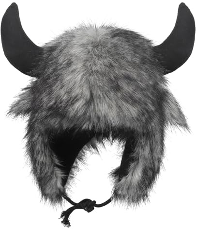 FakeFace Warme Plüsch Tiermütze Büffelhut mit Hörnern, Kunstfell-Flauschige Trappermütze mit Ohrklappen, Winter Fellmütze Skihut Kuhhornhut Halloween Kostüm