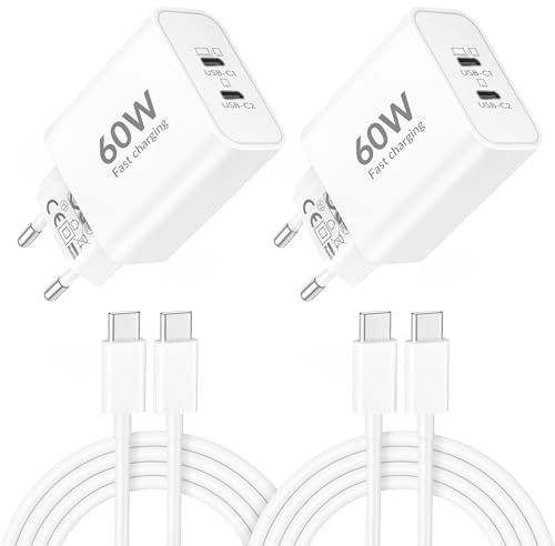 60W 2-Puertos Cargador USB C Carga Rapida para iPhone 17 Pro MAX 17 Air, iPhone 16 16e 15 Pro MAX Plus, iPad 10/11/A16, 40W USBC Adaptador PD Enchufe Cargador Rápido + 2M Tipo C Cable 2-Pack