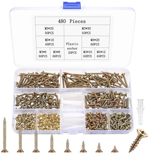 480 Stück Holzschrauben Sortiment, M3 Selbstschneidende Schraubenset, Universalschrauben, Kreuzschlitz Flachkopfschrauben, Vollgewinde Senkkopfschrauben Set für DIY Projekt Reparatur