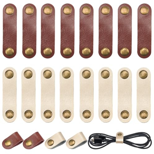 CALFOVERA 30 Stück Kabelbinder Aus Rindsleder Kabelbinder Aus Echtem Leder Kabel Organizer Gurte Mehrzweck USB Kabel Clips Halter Mit Druckknopf Für Reisen Zuhause Büro Telefon (Weiß); Braun