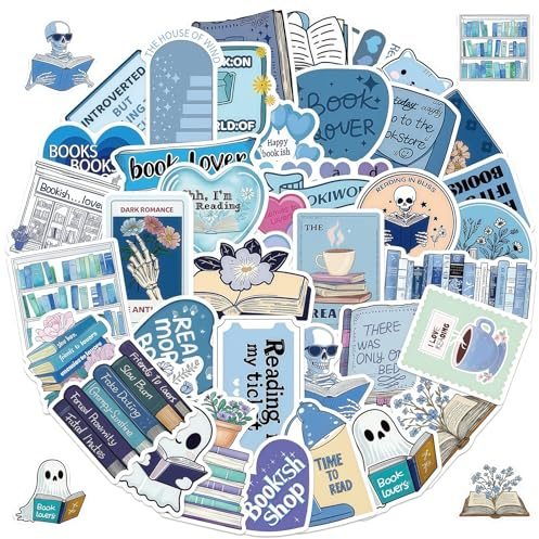 50pcs Romance Book Stickers for Kindle,Holographic Bookish Reading Booktok Aesthetic Stickers Pack for Books, Water Bottles, Laptops, Book Lover Sticker Accessories Gifts for Kids Teens Adults(Blue)