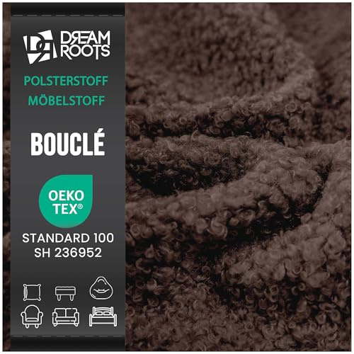 DreamRoots Bouclé Möbelstoff Meterware, Dunkelbraun, Laufmeter | Polsterstoff, 315 g/m², 80.000+ Martindale, UV- & feuerresistent, ideal für Sofa, Sessel, Kissen, DIY Projekte