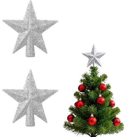 Mini Christmas Tree Topper,2 Pcs Small Tree Topper Glitter Stars Xmas Tree Topper Small Christmas Ornaments Christmas Star Treetop for Xmas Holiday Birthday Party Decor (Silver)