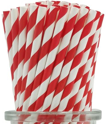Bright Red Striped Paper Straws - 6mm x 197mm, 100 Counts Biodegradable Disposable Red White Drinking Straws for Cake Pop Sticks, Bridal Shower, Brithday, Christmas Party Decoration