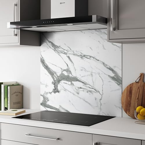 White Marble Kitchen Splashback Panel, Heat Resistant Aluminium Splashback, Modern Kitchen Wall Protector, Easy Clean, Easy Installtion, 900x800mm