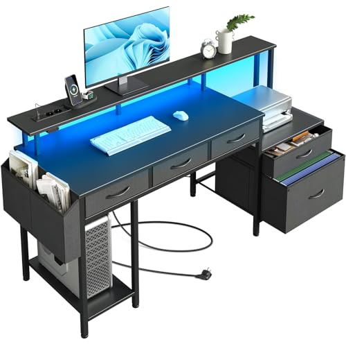 Rolanstar 143cm Office Desk with Built-in Power Strip & LED Lights, Computer Desk with Printer Stand, Monitor Shelf & 5 Storage Drawers, Home Office PC Desk for Bedroom, Black
