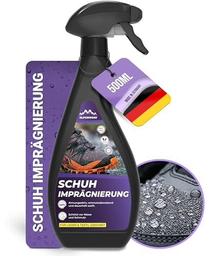 ALPENWERT - Schuhimprägnierung Spray 500ml - Nässeschutz & Schmutzschutz für Schuhe, Sneaker, Leder, Wildleder & Textil - Atmungsaktive Schuhpflege Imprägnierspray für Outdoor, Alltag & Sport