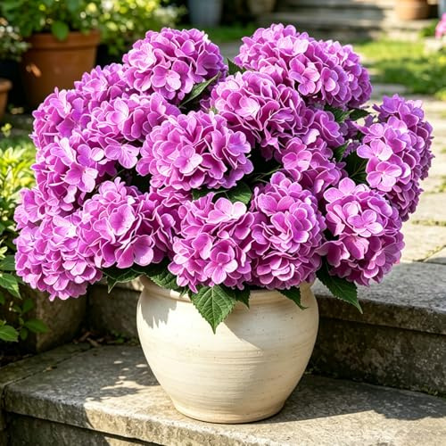Laelfe Grande Hortensias Artificiales para Exterior, 3 Piezas | 45 cm Tallo Largo Ramos de Hortensias de Seda para Jardín, Terraza, Porche, Centros de Mesa