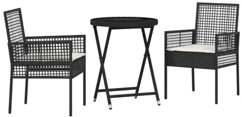 zylophax Garten Bistro Set 3-teilig Schwarz Poly-Rattan wetterfest mit Sicherheitsglas Tischplatte, gepolsterte Sitzgruppe Outdoor für Terrasse Balkon