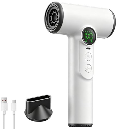 Secador de pelo con batería, batería portátil de 200 W, con pantalla digital, 100 temperaturas y velocidades, 15600 mAh de carga, secador de pelo inalámbrico portátil para viajes, camping, dormitorios