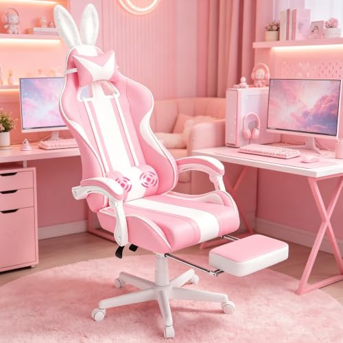 Verdego Sedia Gaming Massaggiante, Sedia da Gaming Orecchie da Coniglio | con Poggiapiedi, Cuscino Lombare Massaggio, Poggiatesta, Regolabile 90-135°, Pelle Sintetica, Supporto peso 115 kg, Rosa