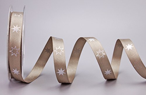 Dekoband Frohe Weihnachten Taupe/Silber (Sterne) 20 m x 15 mm (Rolle) Geschenkband Toffee Satin Schleifenband Deko Band