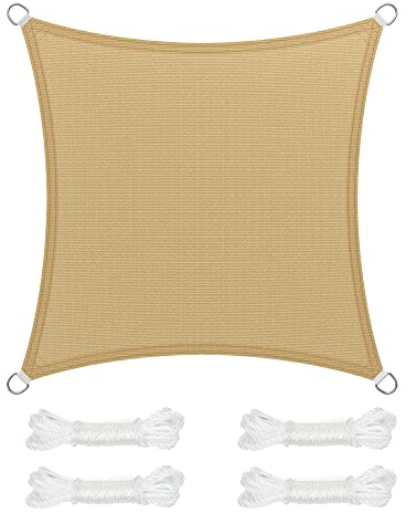 SONGMICS Vela de Sombra de 3 x 3 m, Tejido HDPE de Protección Solar, Transpirable, Permeable al Agua, Terraza, Jardín, Balcón, Camping, Cuadrada, Cóncava, Cuerdas de 2 m, Amarillo Arena GSS33EYV1