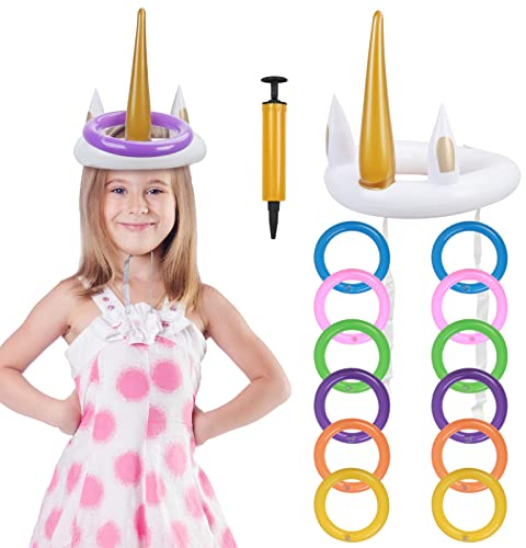PATAZOK 15 Stk. Einhorn Ringwurfspiel, Aufblasbare Wurfspiel Kinder Outdoor, Einhorn Partyspiel mit 12 Ringe 1 Luftpumpe für Kinder Weihnachten Geschenke Weihnachten Party Mitgebsel Kindergeburtstag