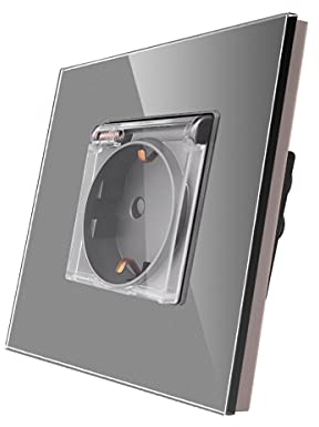CNBINGO Glas Schuko Steckdose unterputz - mit wasserdichtem Deckel und Glasrahmen - Wandsteckdose einfach in Grau - Geeignet für Waschräume, Küchen