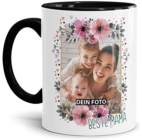 Keramik Tasse - Beste Mama - mit Foto selbst gestalten - Geschenk für die beste Mama, Muttertag, Weihnachten I Personalisiert, Innen & Henkel Schwarz, 300 ml