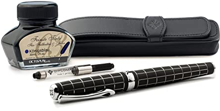 Diplomat Excellence A+ Raute guillochiert lapis schwarz, Füllfederhalter im Set mit Stiftetui aus Leder, Schreibtinte und Konverter, Füller mit Edelstahlfeder Stärke M, Füllhalter-Set