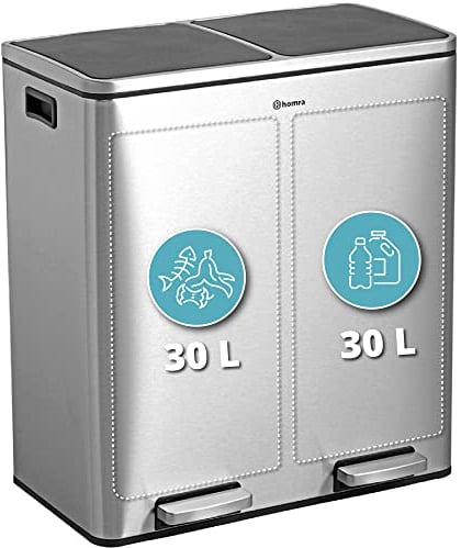Homra Poubelle Cuisine 60 litres Quickx | Poubelle Tri Selectif 2 Bac 2x30l | Bac de Tri Poubelle Pédale Double Compartiment | Corbeille à Déchets avec Seaux intérieurs | Bacs à Ordures | Inox