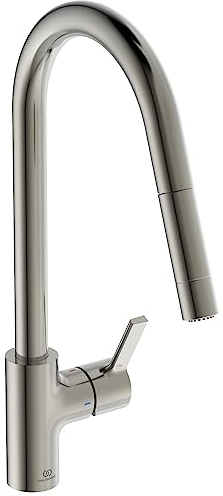 Ideal Standard – Gusto Küchenarmatur, Hoher Auslauf mit zylindrischem Querschnitt, mit 2-Funktionshandbrause, Schwenkbereich 360°, Schnellmontagesystem EasyFix+, Silver Storm