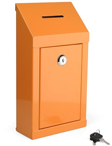 Metall-Spendenbox für Wohltätigkeitsorganisationen, Stahl, Sammelbox mit Vorschlagschlitz und Schloss, inklusive Schlüsseln, Wandmontage mit vorgebohrten Löchern, 25,4 x 15,2 x 6,3 cm (Orange)