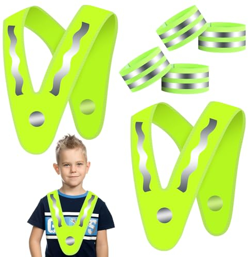 Gowkeey Warnwesten Kinder,2 Warnweste Kinder mit 4 Reflektorband 360 Grad Reflektierende V-Form Warnweste Leichte Warnweste Kinder Reflektorweste für Kinder, Laufen, Radfahren, Nächtliche Straßen