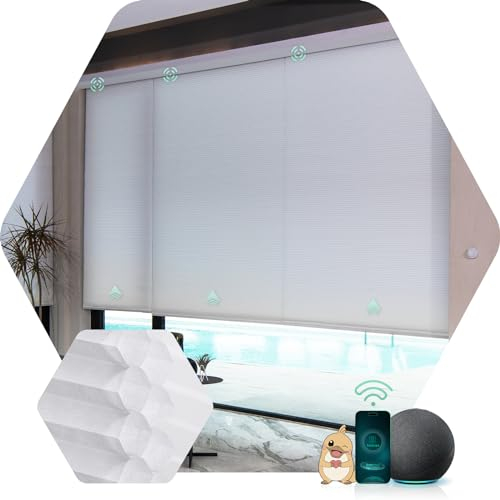 Yoolax Elektrische Wabenplissee mit Fernbedienung,Alexa& Google Home Kompatibel,Thermo Jalousien wärmeisolierter Smart-Rollo nach Maß für Fenster,50% Verdunkelung(Halbverdunkelung Douplezellig Weiß)